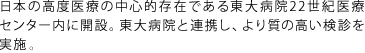 日本の高度医療の中心的存在である東大病院22世紀医療センター内に開設。東大病院と連携し、より質の高い検診を実施。